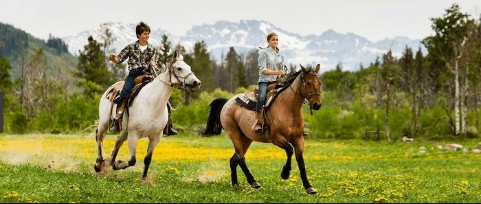 Confident plus-size woman riding Hickstead a horse through a field with a smile on her face.